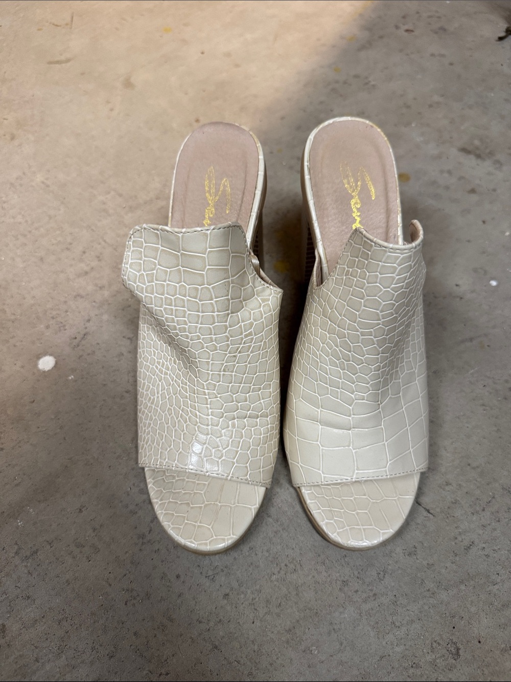 Seven7 Cream Croc-Embossed Open-Toe Slide Heels